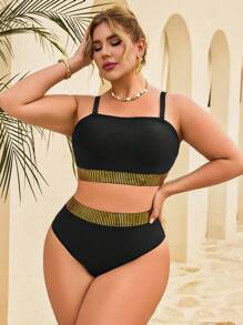 Swim Lushoire 2pcs Plus Size Women Woven Patchwork Top And High Waist Woven Patchwork Bikini Bottom Set, Casual And Simple Vacation/Daily Wear Swimsuit For Summer - Black - View 3