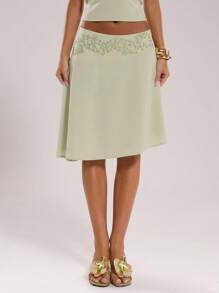 SHEIN BAE Women's Elegant Rhinestone Asymmetric Hem Skirt, Suitable For Summer, Travel, Beach Play