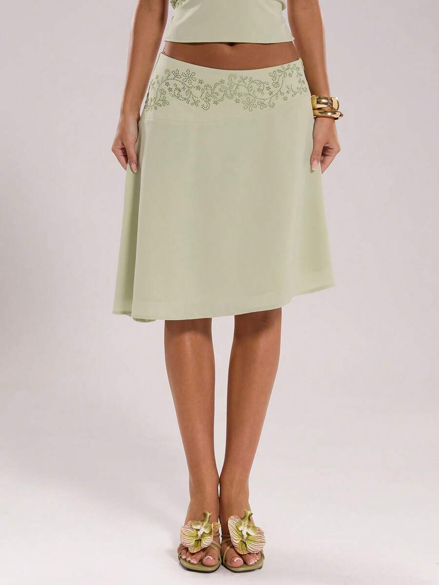 SHEIN BAE Women's Elegant Rhinestone Asymmetric Hem Skirt, Suitable For Summer, Travel, Beach Play