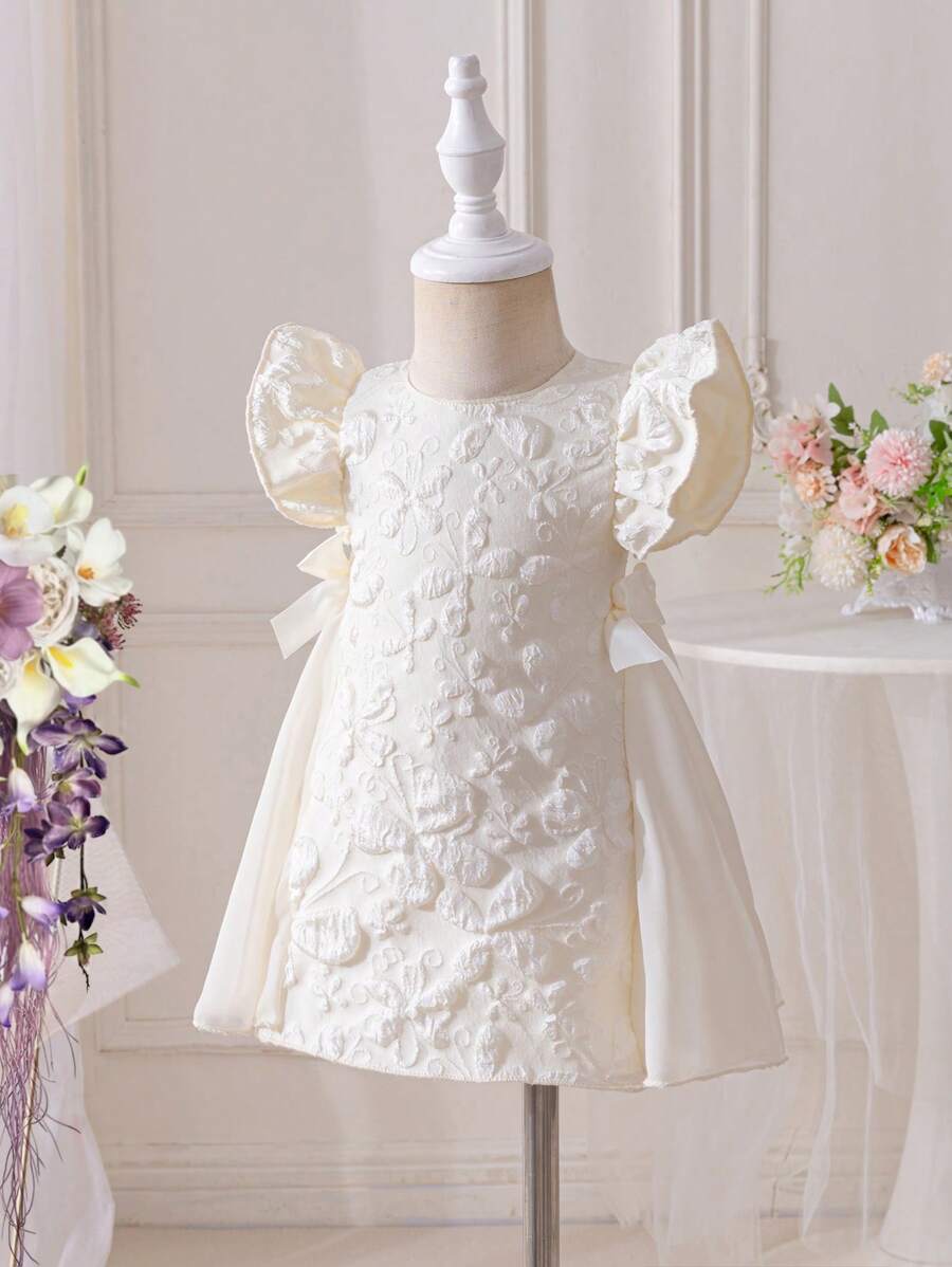SHEIN Váy lưới trắng họa tiết bướm tay bèo nhún cho bé gái, màu sắc tương phản, ghép nối thanh lịch, thích hợp cho ngày lễ, tiệc tùng, mùa xuân và mùa hè - Màu be - Xem 1