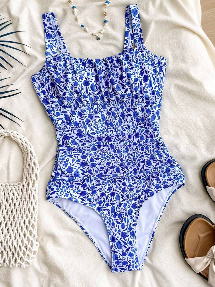 SHEIN Leap Crew 青少年女孩夏季/春季海滩、假日/连体泳衣，带花卉印花，非常适合度假 - 藍色 - 查看 1