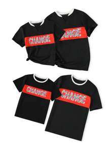 Tween Boy Matching Family Top, Round Neck Short Sleeve T-Shirt, Colorblock Design, Letter Print Casual American Style Loose Fit Top, Suitable For Home, Outdoor, Family Gathering, Travel, Leisure - Multicolor - View 2