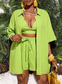 Slaydiva Plus Size 3pcs/Set Casual Vacation Outfit, Including Loose Short Sleeve Shirt, Short Camisole, And Shorts For Women,Holiday Outfits - Green - View 1