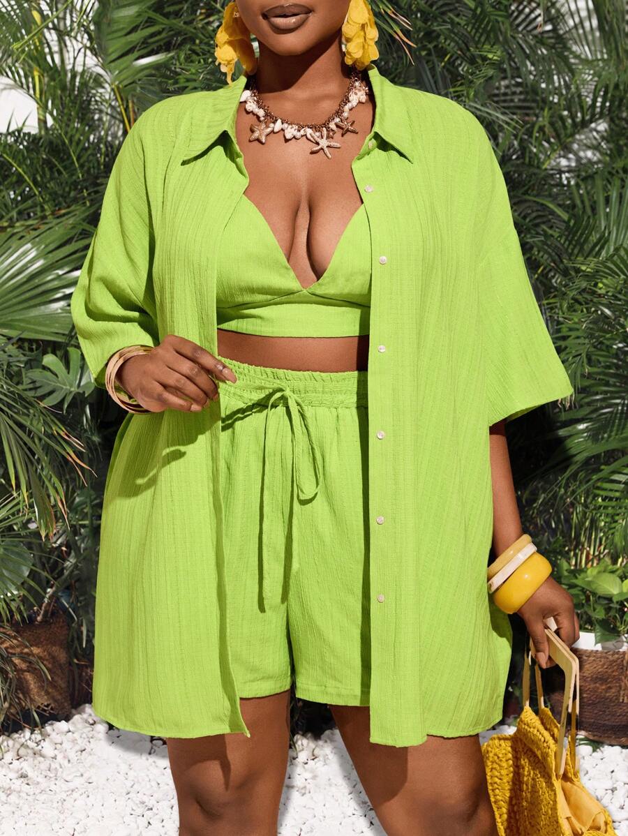 Slaydiva Plus Size 3pcs/Set Casual Vacation Outfit, Including Loose Short Sleeve Shirt, Short Camisole, And Shorts For Women,Holiday Outfits - Green - View 1