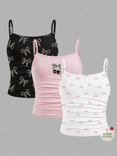 SHEIN Girlism 3pcs/Set Tween Girls' Ballet Bow, Cherry Pattern Fitted Casual Crop Camisole Tops, Black, White, Pink