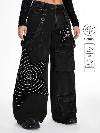 Grunge Punk بناطيل كارجو واسعة الساق مطرزة بنجوم للنساء البدينات من مجموعة بانك مهترئة ومغسولة فضفاضة الحجم