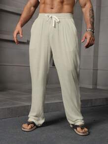 Manfinity RSRT 男士松紧腰亚麻白色裤子休闲宽松长裤 - 杏色 - 查看 3