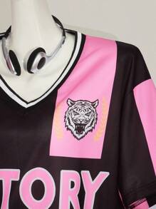 SHEIN ICON Ribbed V-Neck Dropped Shoulder Loose Fit Casual Dress - Pink - View 5