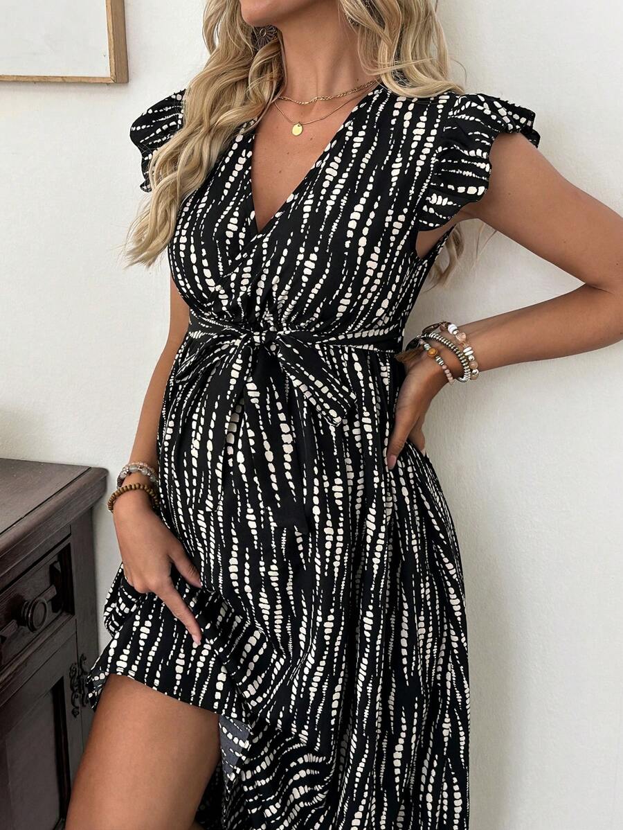 SHEIN Maternity Cap Sleeve Black Striped Deep V-Neck Ruffle Cuff Maxi Dress - Black - View 1