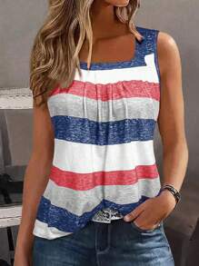 SHEIN LUNE Holiday Casual Color Block Striped Tank Top Graphic Tees Women Tops - Multicolor - View 3