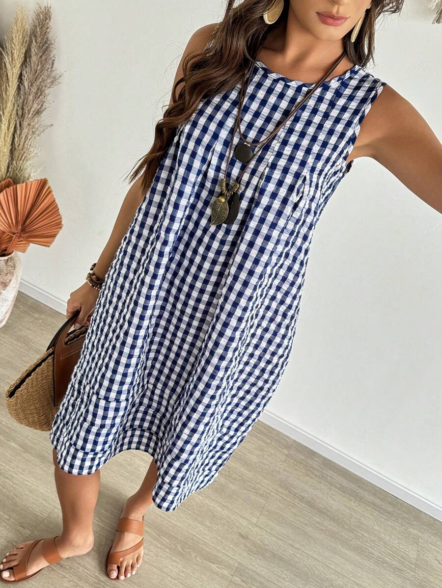 EMERY ROSE 女士度假格纹无袖中长休闲连衣裙 - 藏蓝色 - 查看 1
