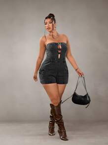 SHEIN ICON Mono vaquero sin mangas con botones metálicos y cremallera en talla grande