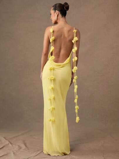 Silquee Premium Quality Butter Yellow  Graduation Long Flounced Backless V-Neck Slip Dress, Romantic For Wedding, Valentine's Day & Dating, Early Spring & Summer, Yellow 3D Floral Chiffon Fabric Design, Formal Gown, Formal Prom Gown, Long Prom Dress, Prom Dress, Romper Dress, Premium Quality, Luxury Dress, Timeless Dress, Artisan-Crafted Details, High-Quality, Summer Dresses For Women, Elegant Women's Dresses, Draped Dress, Sexy Ribbon Dress, Split Design Dress, High-End Maxi Dress, Yellow Chiffon Dress, Cowl Neck Dress, Backless Maxi Dress, Double-Layered Return Design, Valentine's Day Wedding Dress, Romantic Date Wedding Dress, Cocktail Wedding Dress, Haute Bridal Dress, Formal Party Dress, Wedding Guest Dress, Evening Dress, Stage Costume, Graduation Dress, Dinner Dress, Graduation Ceremony Dress.