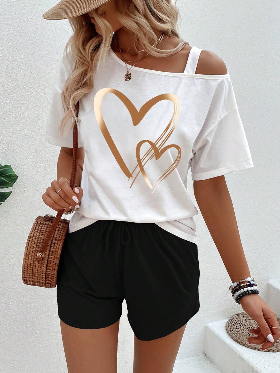 SHEIN LUNE 2pcs/Set Women Heart Print Asymmetrical Neck Short Sleeve Top And Shorts Set - Black and White - View 1