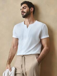 Manfinity VCAY 男士休闲轻便户外通勤度假深卡其色薄款舒适抽绳竹节混纺锥形长裤