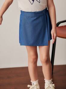 PrepCrw 年轻女孩学院风前后不对称牛仔效果短裤，春夏 - 藍色 - 查看 1