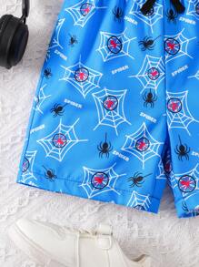 Young Boy Spider Print Drawstring Waist Loose Casual Shorts, School, Campus, College - Multicolor - View 6
