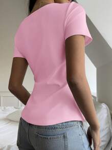 SHEIN EZwear Camiseta de mujer casual de punto rosa con abertura y cordón en la manga corta