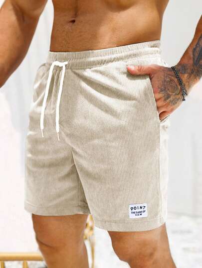 Manfinity RSRT Men Letter Patched Detail Drawstring Waist Shorts, Corduroy, Fall/Winter
