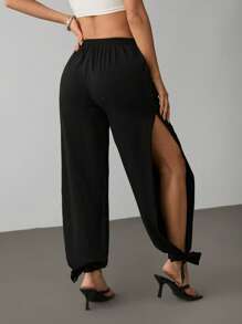 SHEIN PETITE Pantalones harem de cintura alta de unicolor con recortes para mujer - Negro - Ver 2