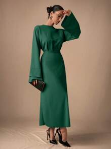 SHEIN Cottnline 女士纯色圆领喇叭袖优雅长裙 - 綠色 - 查看 5