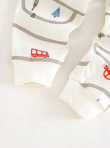 Cozy Pixies Baby Boy Snug Fit Pajamas 2 Pieces Set - Cartoon Car Print Soft Knitted Crew Neck Long Sleeve Top And Elastic Waist Long Pants