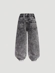 SHEIN Girls' European And American Fashion Faux Pearl Embellished Straight Leg Jeans - Grey - View 2