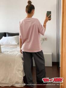 TOM AND JERRY X DAZY Printed Graphic Short Sleeve T-Shirt Top And Solid Color Loose Straight Pants Pajama Set - Pink - View 2