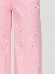 Tween Girl 灰色时尚简约水钻装饰宽松阔腿洗水牛仔裤 - 粉色 - 查看 7