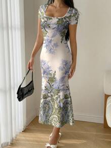 Modelyn 夏季度假荷叶边美人鱼荷叶边紧身连衣裙，带定位印花 - 彩色 - 查看 6