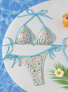 SHEIN Swim Nuevos conjuntos de bikini sexy con estampado de estrella de mar en patchwork de colores, cierre de atar en el cuello para mujeres 2022 - Multicolor - Ver 3