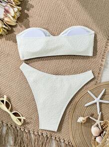 SHEIN Swim 2 Pieces Jacquard Sexy Bikini Set, Strapless High Cut Bottom, For Beach, Holiday Season For Summer Beach Vacation - Beige - View 7