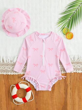 1 pièce Maillot de bain une pièce à manches longues avec imprimé papillon pour filles, avec chapeau inclus
