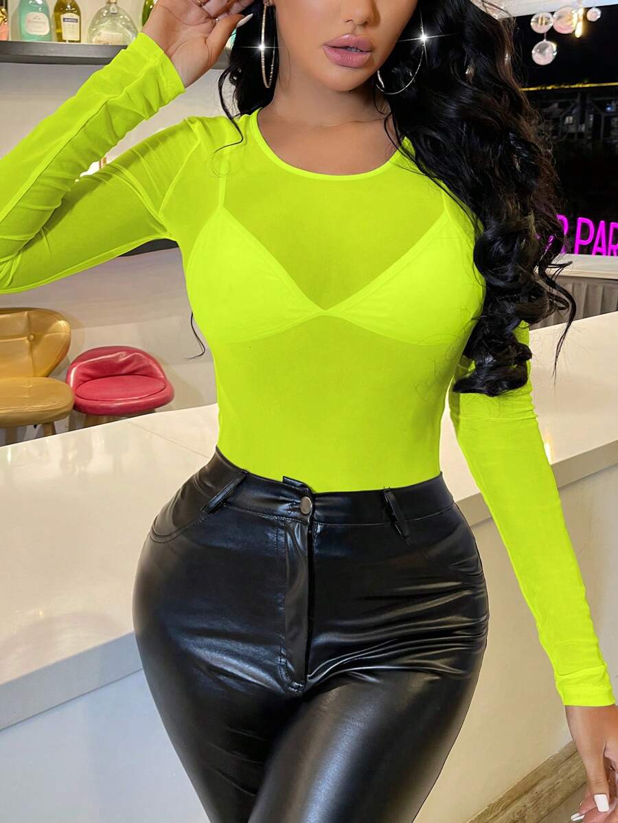 SHEIN SXY Women's Lime Green Sheer Knitted Top: Round Neck, Long Sleeve, Regular Fit See-Through Top For A Bold Look - Lime Green - View 1