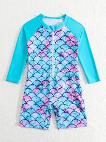 Young Girl Mermaid Scale Print Splicing Swimsuit - Multicolor - View 5
