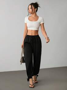 SHEIN PETITE Pantalones harem de cintura alta de unicolor con recortes para mujer - Negro - Ver 5