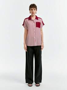 SHEIN LUNE Minimalist Contrast Color Block Striped Shirt, Sleeveless/Short Sleeve Unisex Style Blouse, Spring/Summer - Redwood - View 3