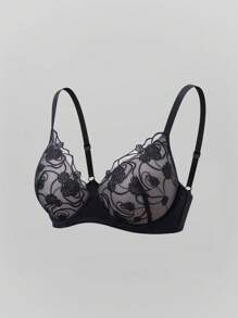 SHEIN 1 件性感网眼刺绣轻薄衬垫钢圈包裹支撑内衣文胸 - 黑色 - 查看 8