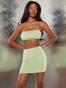 NYA SZN Top curto com alça de metal e corrente, top tomara que caia sexy, vestido para clube, brunch, festival de música, show, roupas de outono e verão para mulheres - Verde - Ver 3