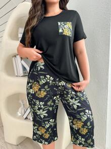 SHEIN Plus Size Crew Neck Pocket T-Shirt & 3/4 Pants Plant Print Pajama Set, Outfits - Multicolor - View 5