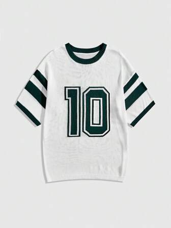 Prep Top tricoté à manches courtes casual, imprimé de rayures et de chiffres, printemps/été