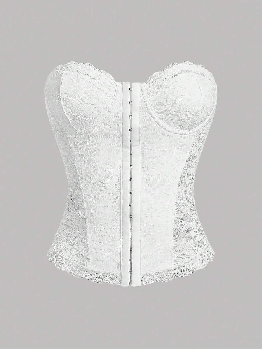 SHEIN ICON 性感诱人的紧身蕾丝拼接红色紧身胸衣上衣 - 白色 - 查看 1