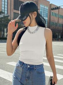 Casual Solid Color Fitted Ribbed Tank Top, Summer - White - View 5