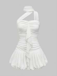 ROMWE Avant Women's Sports Style Ballet Flounce Hem Bodycon Halter Dress - White - View 2