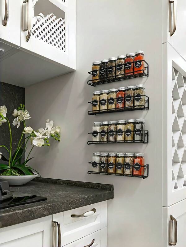 SHEIN 2 piezas Estante de pared para especias, ahorra espacio para frascos de especias y condimentos, organizador de especias colgante con tornillos o adhesivo para gabinete, despensa de cocina