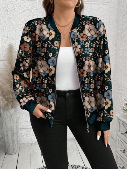 SHEIN LUNE Plus Size Casual Floral Print Jacket, Suitable For Spring And Autumn And Winter Fall