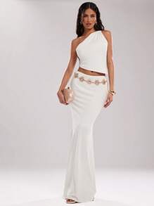 SHEIN BAE Conjunto de top corto sin espalda de unicolor elegante y sexy con falda de sirena - Blanco - Ver 2