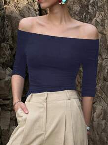 DAZY Camiseta de manga corta de mujer con hombros descubiertos y ajustada, color negro, para primavera/verano - Azul Marino - Ver 4