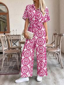 Breezaya 女式花卉印花短袖单排扣休闲衬衫搭配连体裤 - 玫紅色 - 查看 4