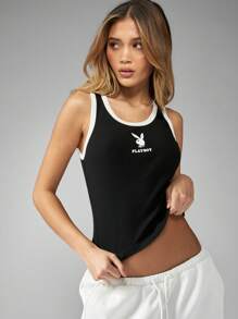 Sleeveless Sports Tank Vest Crop Top Athletic Workout Racerback Contrast Trim Summer Lounge Gym Exercise Top - Black and White - View 1